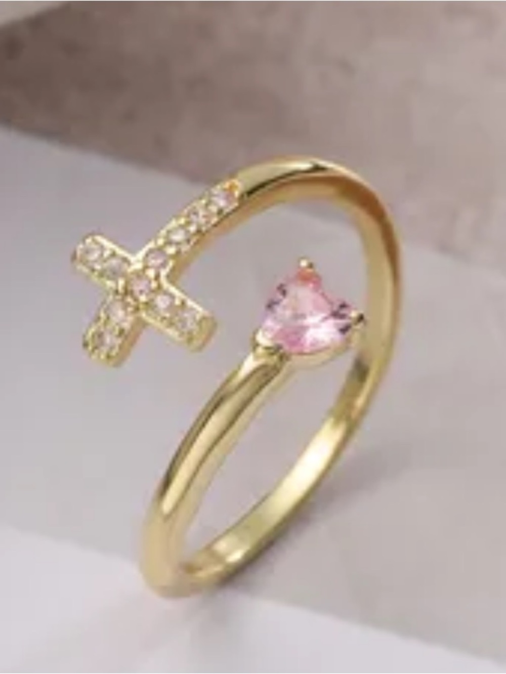 Gold Open Ring with Pink Heart Stone and Cross Accent